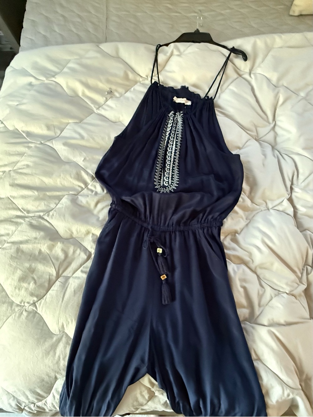 Tory Burch Navy Sleeveless Silk Jumpsuit with Embroidered Front